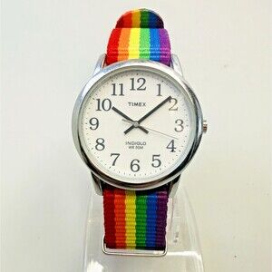 Timex Indiglo Easy Reader Watch 35mm White Dial Silver Round Rainbow Band EUC